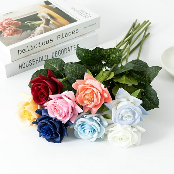 Frogued Artificial Flower with Green Leaves Realistic Looking Multiple Layers Petals Real Touch Rose Branch Stem Simulation Flower Decoration Home Decor (White)