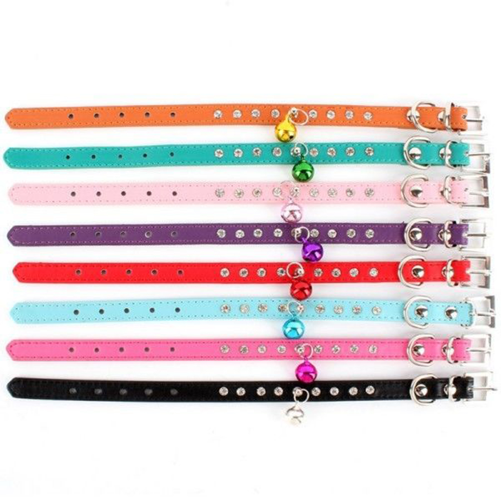 Frogued Cat Faux Leather Rhinestone Pet Necklace Neck Strap Puppy Bell