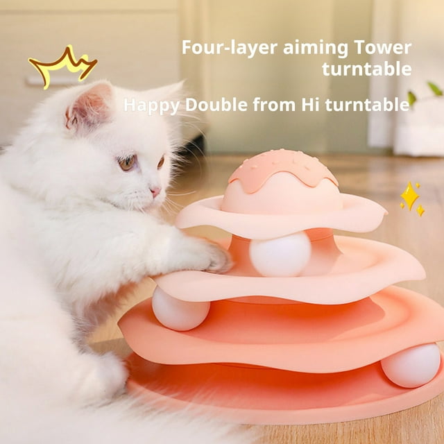 Frogued Cat Roller Toy 4-Level Turntable Cat Tower Toy with Ball Track Interactive Kitten Puzzle Toy for Indoor Cats (Yellow)