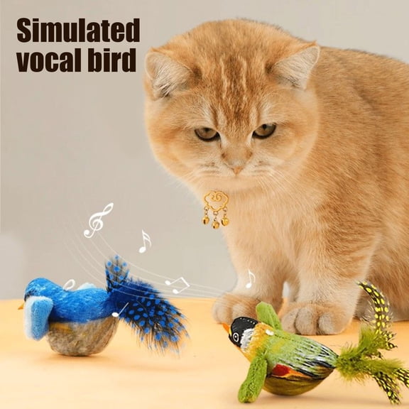 Frogued Chirping Bird Cat Toy Interactive Lifelike Plush Bird with Squeaky Sound And Feather Touch Activated Kitten Toy for Indoor Cats (Green,Battery)