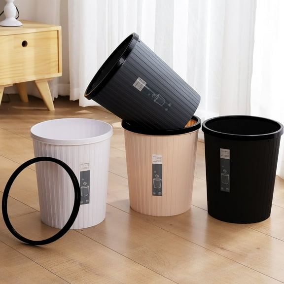 Frogued Garbage Bin with Pressure Ring No Lid Space-Saving Plastic Kitchen Bathroom Living Room Striped Trash Can for Daily Life (Black,M)