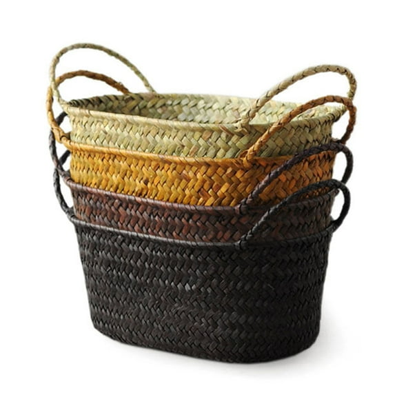 Frogued Handmade DIY Straw Flower Pot Basket Fruit Sundries Organizer Rattan Plant Box (Black,Middle)