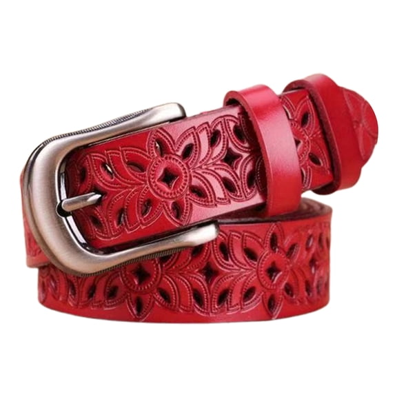 Frogued Jeans Belt Pin Buckle Adjustable Length Retro All-match Jeans Pants Ladies Wide Belt 1.1 Inch Width Hollow Flower Faux Leather Belt Daily Wear (Red)
