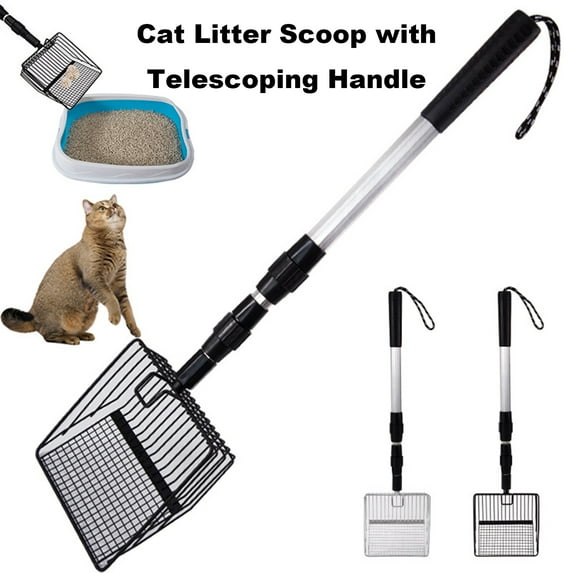 Frogued Metal Cat Litter Scoop Extendable Long Handle Cat Litter Sifter Shovel Large Pet Pooper Scooper Deep Shovel Litter Box Scooper (Silver)