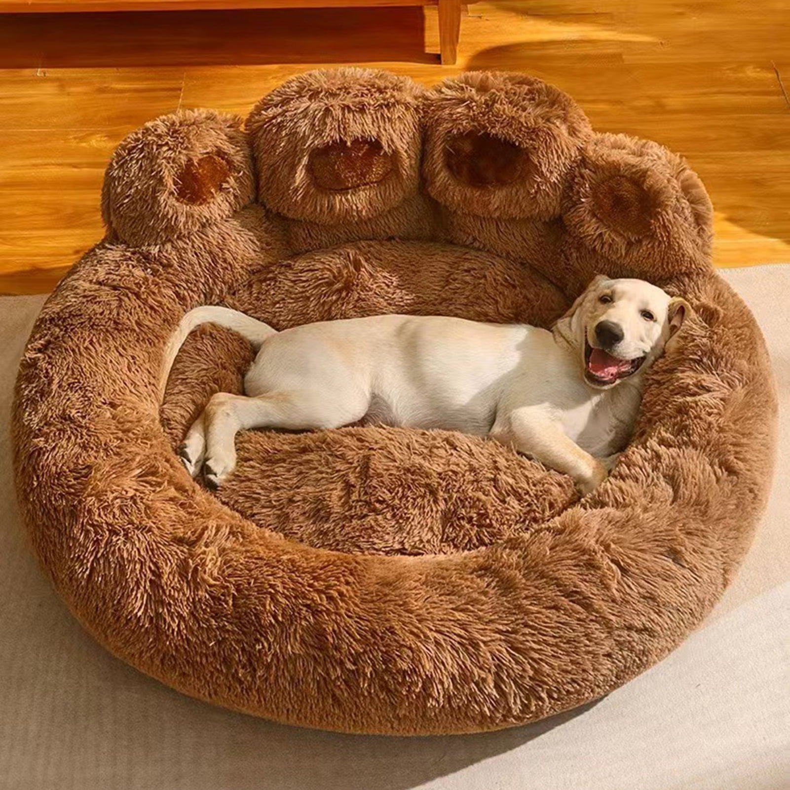 Frogued Pet Nest Paw-Shaped Pet Bed Warm Comfortable Anti-Slip Fluffy Plush Cat Dog Sleeping Nest Pet Supplies Brown,50cm