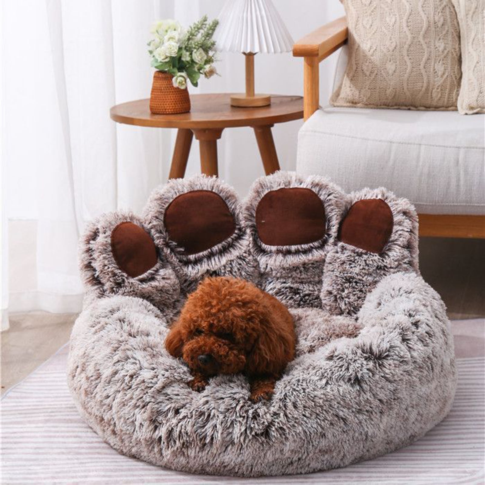 Frogued Pet Nest Paw-Shaped Pet Bed Warm Comfortable Anti-Slip Fluffy Plush Cat Dog Sleeping Nest Pet Supplies Grey & White,70cm