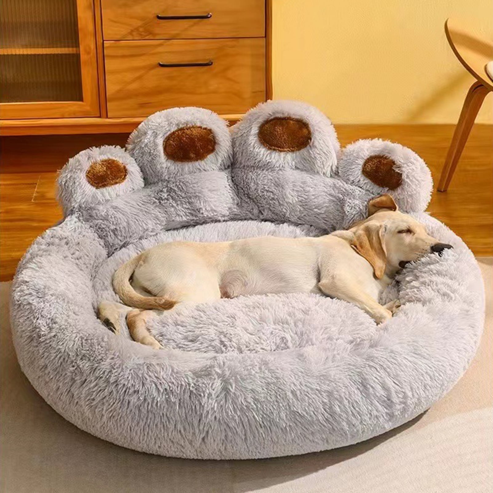 Frogued Pet Nest Paw-Shaped Pet Bed Warm Comfortable Anti-Slip Fluffy Plush Cat Dog Sleeping Nest Pet Supplies Light Grey,70cm