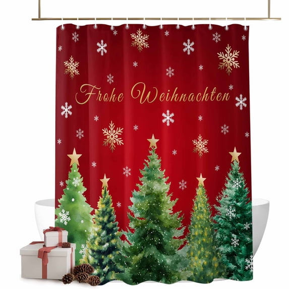 Frohe Weihnachten Bathroom Shower Curtain Christmas Tree Snowflake Winter Red Waterproof Washable Shower Curtains for Bathtub Bath Decor with Grommets and Hook 54 X 78 Inch