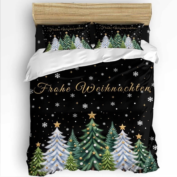 Frohe Weihnachten Full Size Comforter Set, Christmas Tree Winter Snowflake Black Soft Bedding for All Seasons, 4 Pcs Bed Set with 1Comforter (86"x86") ,1 Sheet(80"x116"), 2 Pillowcases (19"x29")