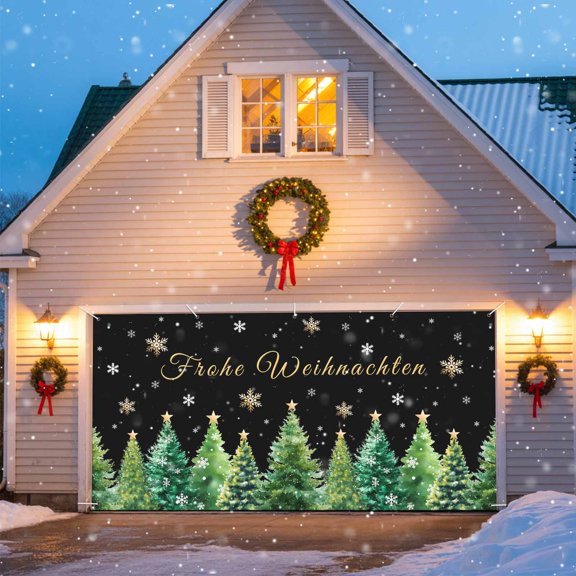 Frohe Weihnachten Garage Door Banner Covers, Christmas Tree Snowflake Winter Black Large Hanging Indoor/Outdoor Backdrop Background for Christmas Winter Party Decor, 6.9x8 FT