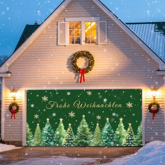Frohe Weihnachten Garage Door Banner Covers, Christmas Tree Snowflake Winter Green Large Hanging Indoor/Outdoor Backdrop Background for Christmas Winter Party Decor, 6.9x8 FT