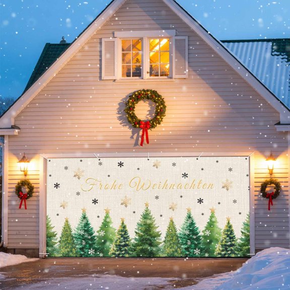 Frohe Weihnachten Garage Door Banner Covers, Christmas Tree Snowflake Winter Rustic Large Hanging Indoor/Outdoor Backdrop Background for Christmas Winter Party Decor, 6.9x8 FT