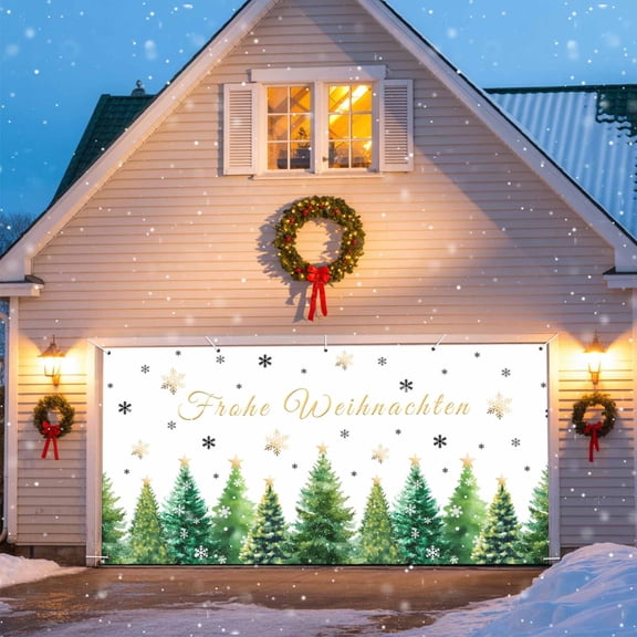Frohe Weihnachten Garage Door Banner Covers, Christmas Tree Snowflake Winter White Large Hanging Indoor/Outdoor Backdrop Background for Christmas Winter Party Decor, 6.9x8 FT