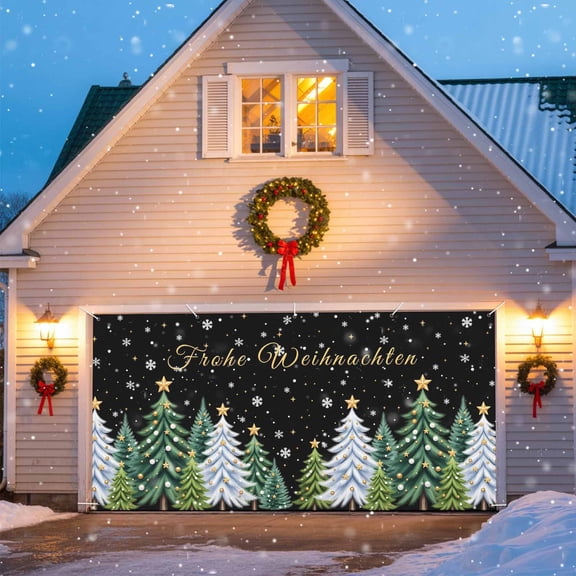 Frohe Weihnachten Garage Door Banner Covers, Christmas Tree Winter Snowflake Black Large Hanging Indoor/Outdoor Backdrop Background for Christmas Winter Party Decor, 6.9x8 FT