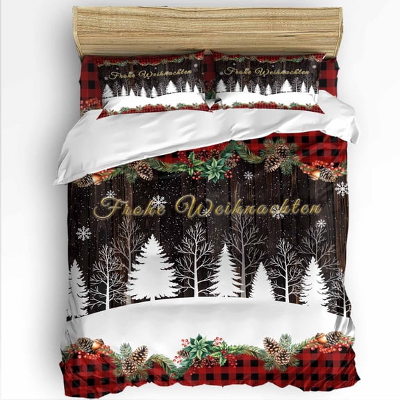 Frohe Weihnachten Twin Size Comforter Set, Christmas Forest Pinecone Red Plaid Wood Soft Bedding for All Seasons, 4 Pcs Bed Set with 1 Comforter (68"x86") ,1Sheet(66"x116"), 2 Pillowcases (19"x29")