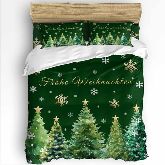 Frohe Weihnachten Twin Size Comforter Set, Christmas Tree Snowflake Winter Green Soft Bedding for All Seasons, 4 Pcs Bed Set with 1 Comforter (68"x86") ,1Sheet(66"x116"), 2 Pillowcases (19"x29")