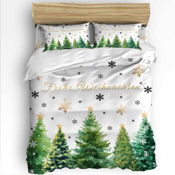 Frohe Weihnachten Twin Size Comforter Set, Christmas Tree Snowflake Winter White Soft Bedding for All Seasons, 4 Pcs Bed Set with 1 Comforter (68"x86") ,1Sheet(66"x116"), 2 Pillowcases (19"x29")