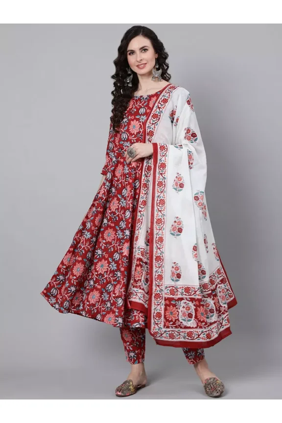 Frok Style Viscos Fabric Red Colour Printed Kurti And Palazzo With Lace Work Round Neck 32