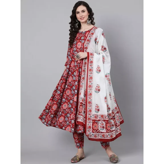 Frok Style Viscos Fabric Red Colour Printed Kurti And Palazzo With Lace Work Round Neck 38