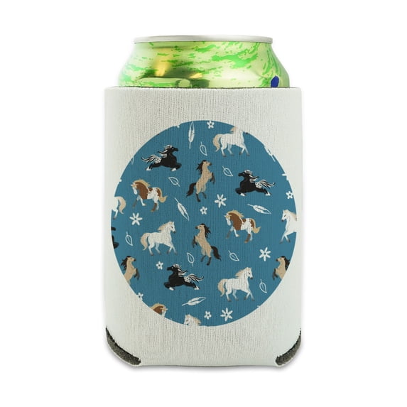 Frolicking Horses Pattern Can Cooler - Drink Sleeve Hugger Collapsible Insulator - Beverage Insulated Holder