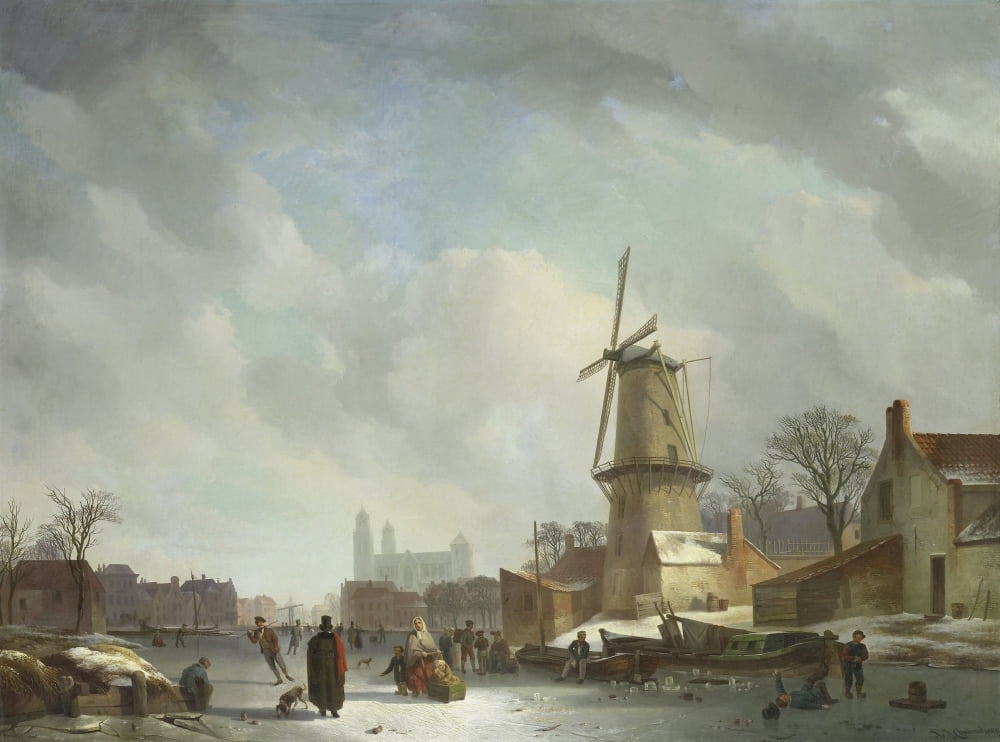 Frolicking On A Frozen Canal In A Town Canvas Art - (36 x 24)