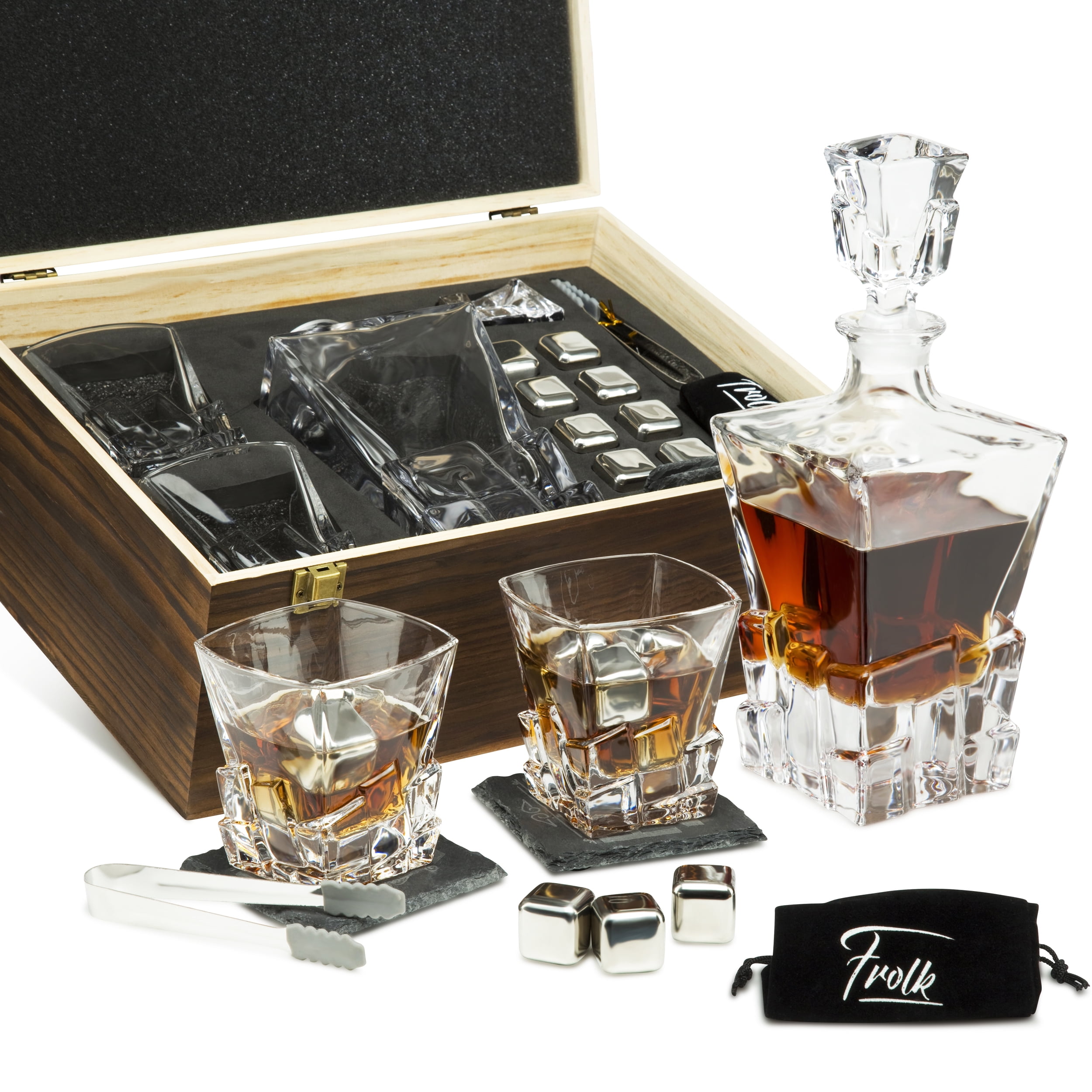 Frolk Whiskey Decanter Set for Men and Women - Whiskey Decanter, 2 Rocks Whiskey Glasses, 8 Stainless Steel Whisky Cubes, 2 Coasters, Silicone-Tipped Tongs & Freezer Pouch in Pinewood Box