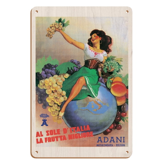 From The Sun In Italy Comes The Best Fruit - Adani Wine - Vintage Advertising Poster by Gino Boccasile c.1950s - 8 x 12 inch Vintage Wood Art Sign