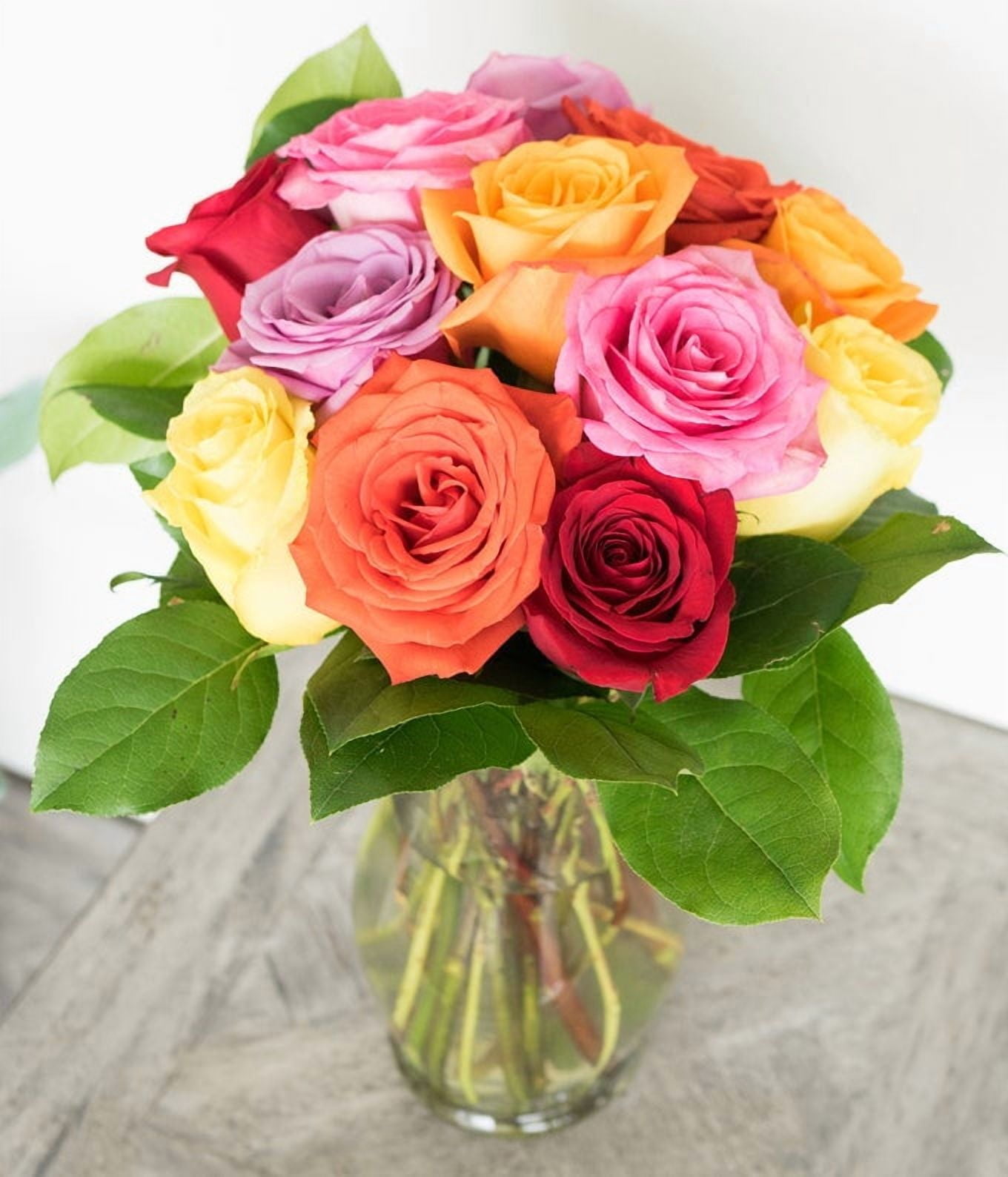 From You Flowers - 12 Rainbow Roses (Pink, Red, Yellow, Orange, Purple) with Free Vase (Fresh Flowers)