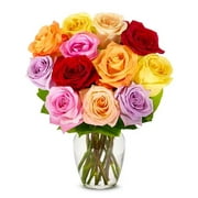 From You Flowers - 12 Rainbow Roses (Pink, Red, Yellow, Orange, Purple) with Free Vase (Fresh Flowers)