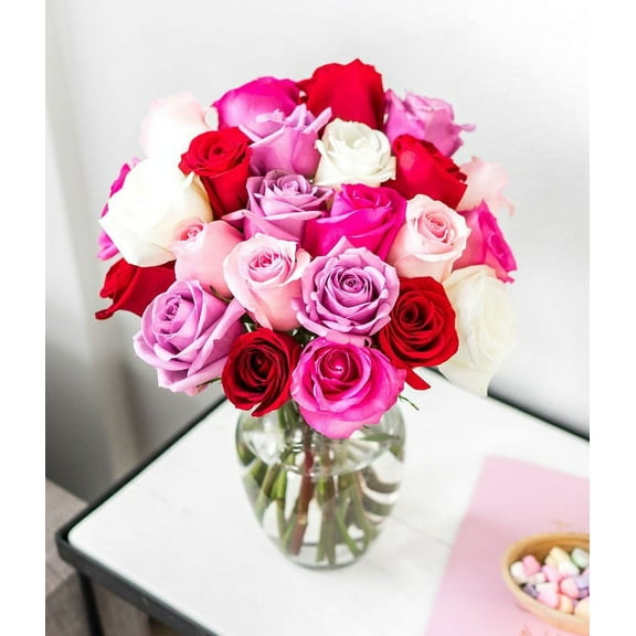 From You Flowers - 24 Red, Pink, Purple & White Roses + Glass Vase