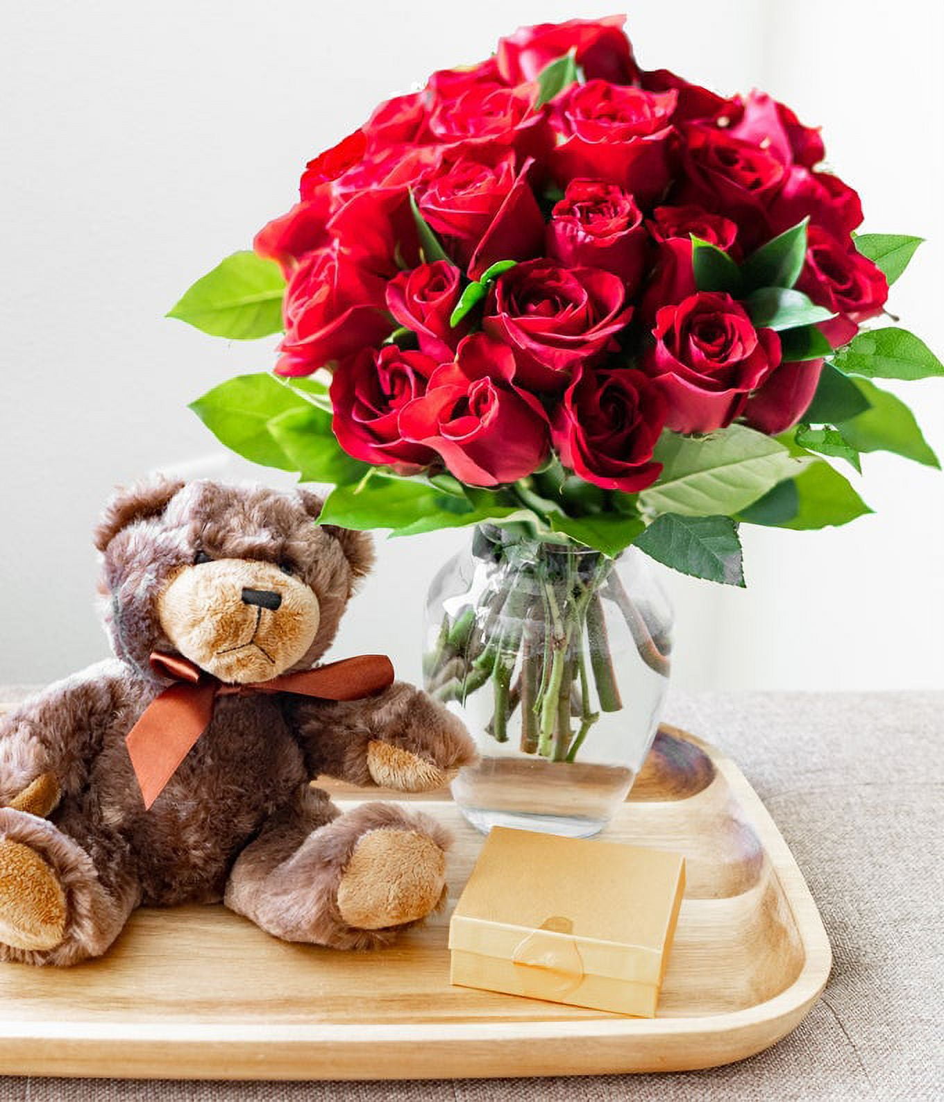From You Flowers - 24 Red Roses with Chocolates & Teddy Bear in a Glass Vase (Fresh Flowers)