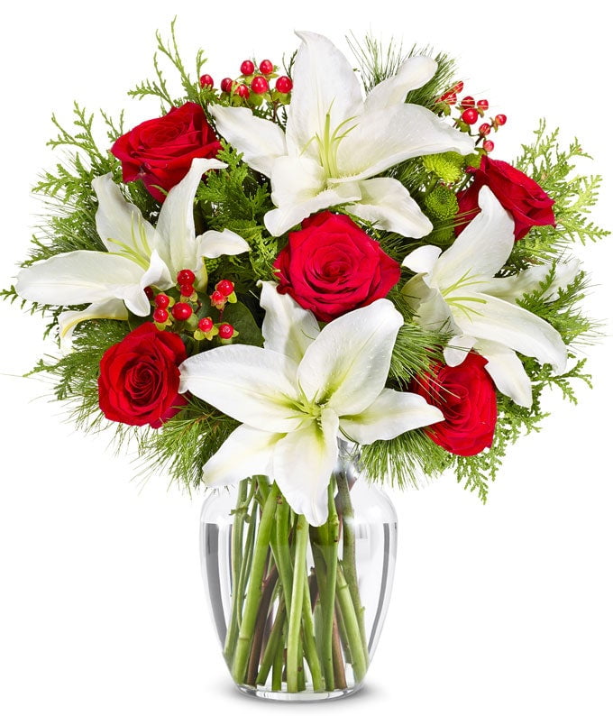 From You Flowers - Christmas White Lily & Red Roses Bouquet - Premium with Free Vase (Fresh Flowers)