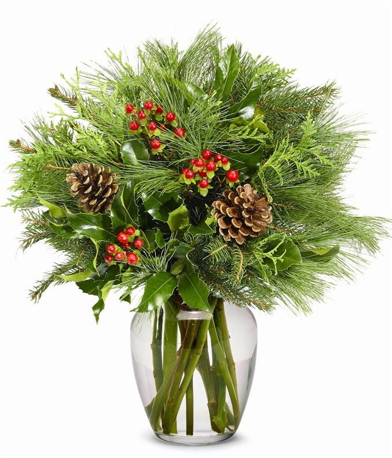 From You Flowers - Fresh Holiday Greens with Pine Cones & Red Berries Flower Bouquet (Free Vase Included)
