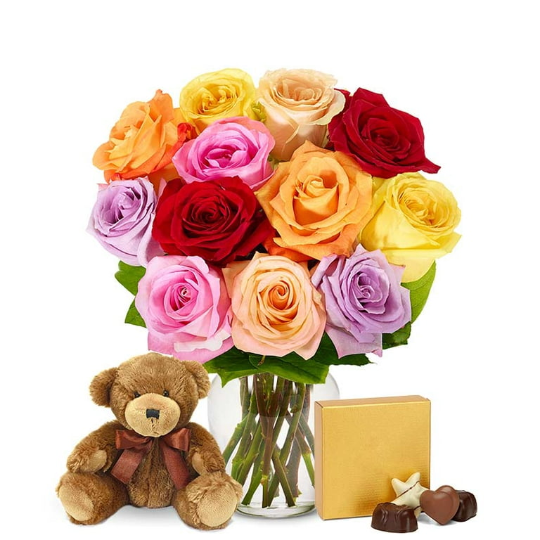 Teddy bear with cheap roses and chocolates