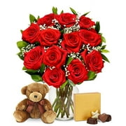 From You Flowers - One Dozen Red Roses with Chocolates & Teddy Bear with Glass Vase (Fresh Flowers) Birthday, Anniversary, Get Well, Sympathy, Congratulations, Thank You
