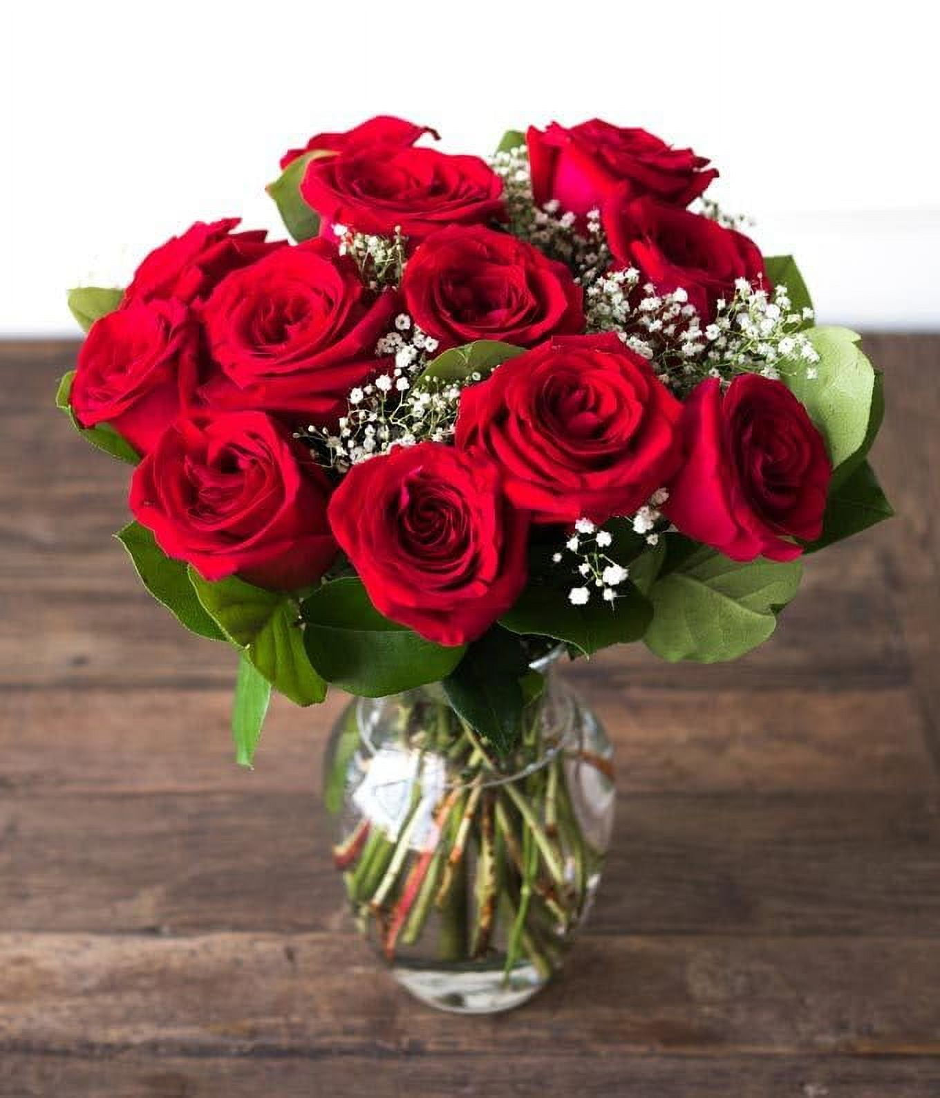 From You Flowers One Dozen Red Roses + Heart Balloon with Free Vase (Fresh Flowers)