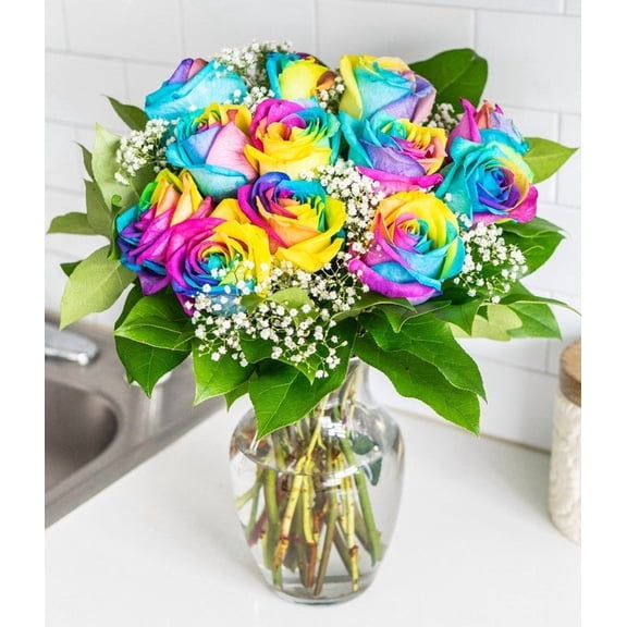 From You Flowers - One Dozen Wild Rainbow Roses with Vase for Birthday, Anniversary, Get Well, Congratulations, Thank You, All Occasions