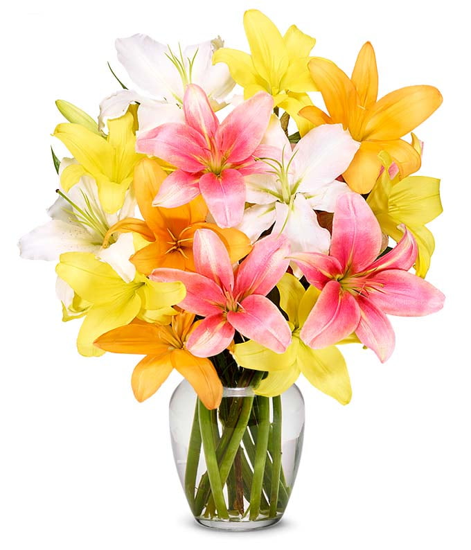 Vibrant Fresh Lily Bouquet with Glass Vase