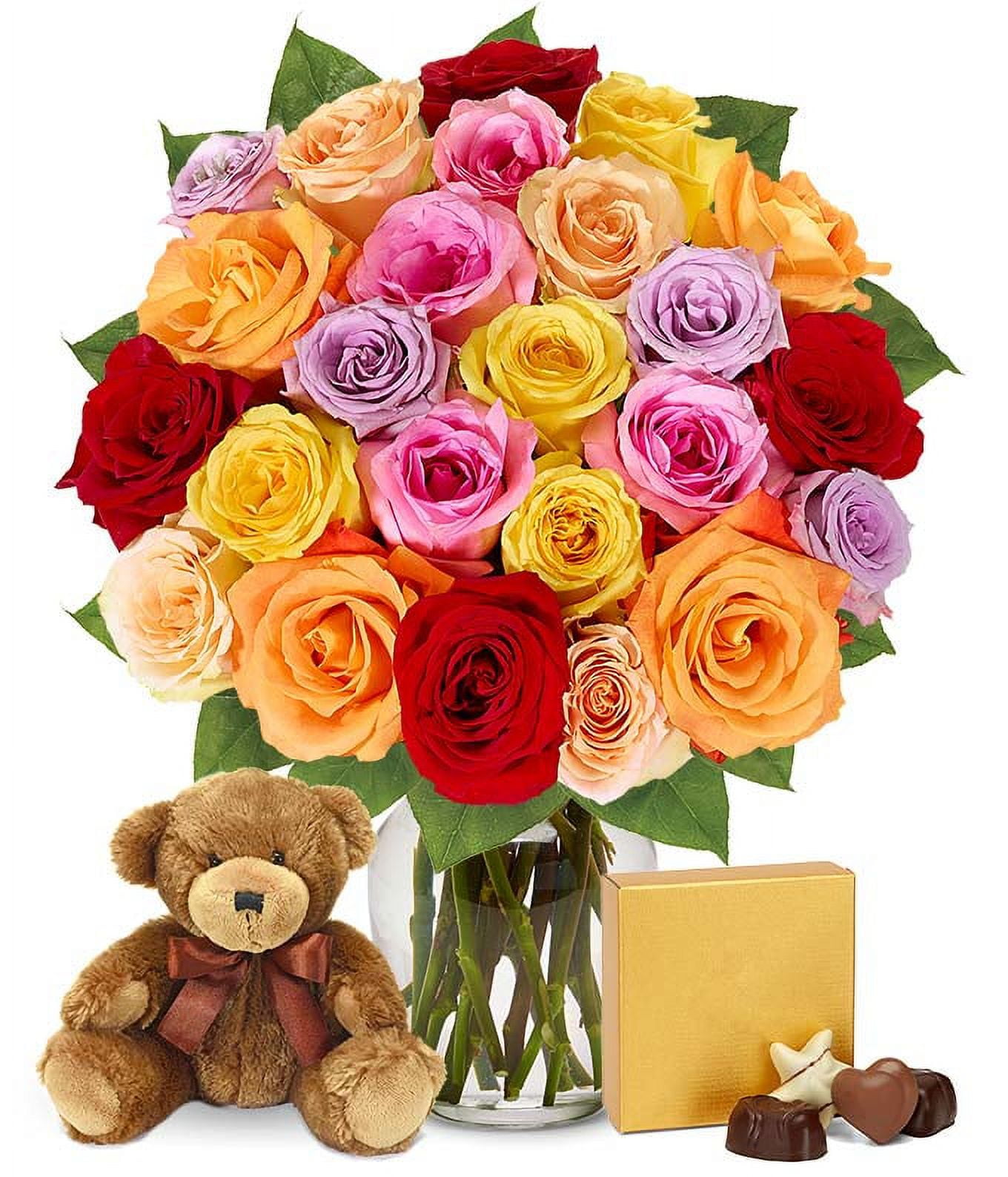 From You Flowers - Two Dozen Mixed Rainbow Roses + Chocolates + Bear (Fresh Flowers) Birthday, Anniversary, Sympathy, All Occasion