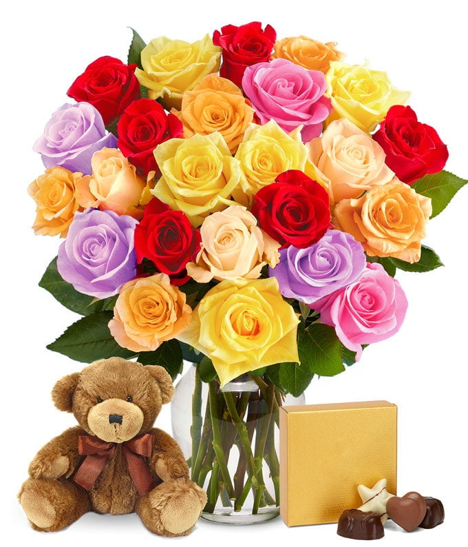From You Flowers - Two Dozen Mixed Rainbow Roses + Chocolates + Bear for Birthday, Anniversary, Get Well, Congratulations, Thank You, All Occasions