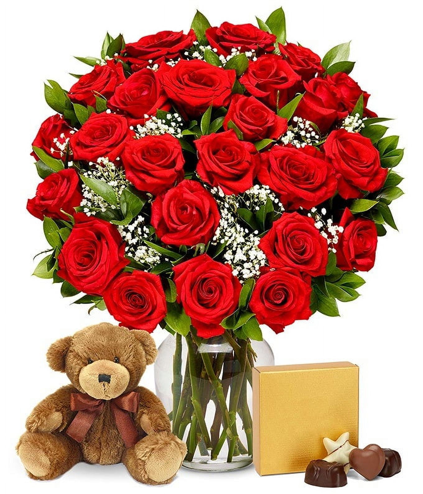 From You Flowers - Two Dozen Premium Long Stem Red Roses with Chocolates & Bear (Fresh Flowers) Birthday, Anniversary, Sympathy, All Occasion