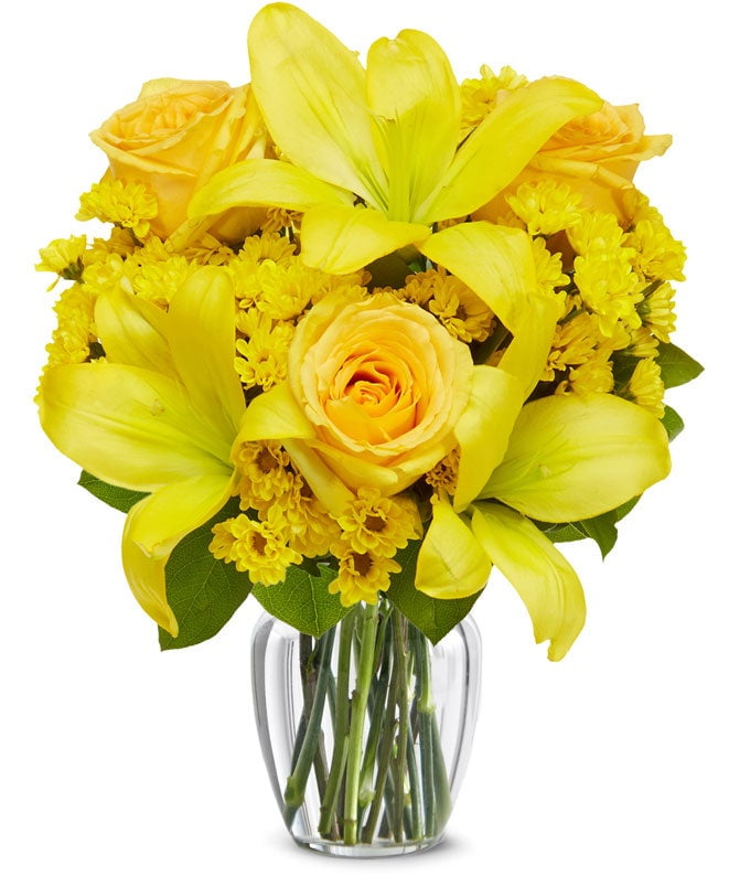 From You Flowers - Yellow Lilies, Roses & Poms Bouquet with Free Vase (Fresh Flowers)