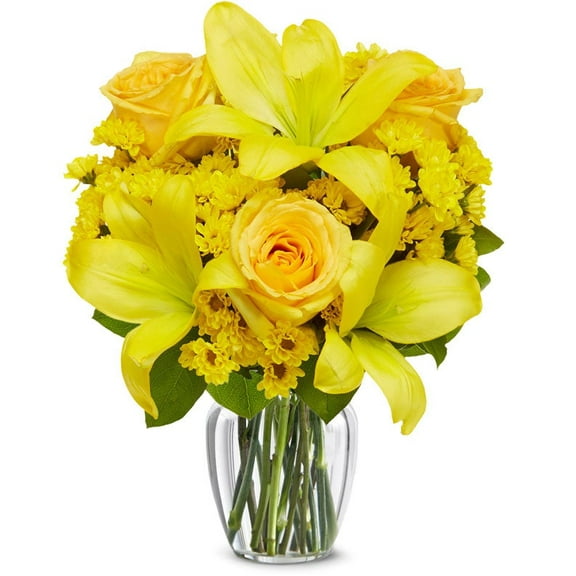 From You Flowers - Yellow Lilies, Roses & Poms Bouquet with Free Vase (Fresh Flowers)