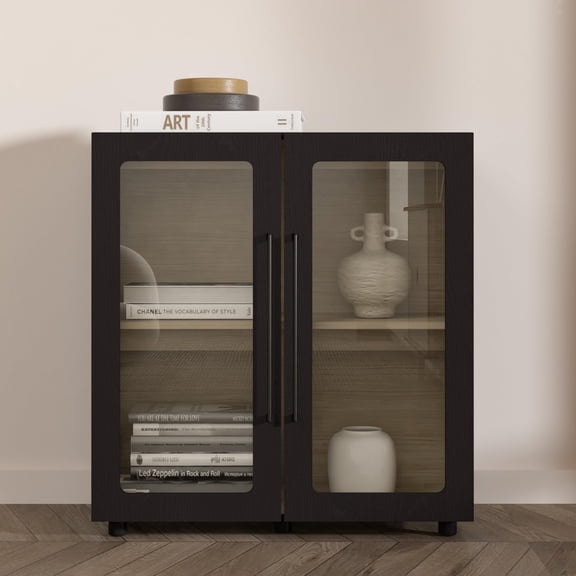 From the Tree Furniture Arden Tall Storage Cabinet, Black, 32"W x 32"H Modern Sideboard with Soft-Close Glass Doors, Modular Accent Cabinet