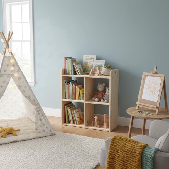 Montessori 4-Cube Kids Bookcase  Solid Pine, Open Cubbies, 26" H x 25.3" W, Unfinished Wood, Nursery Playroom Storage