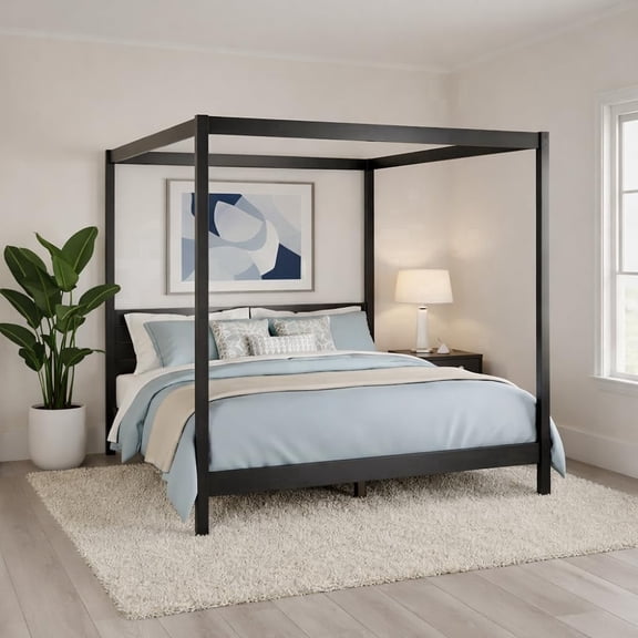 From the Tree Furniture Solid Wood Canopy Bed, Black, King
