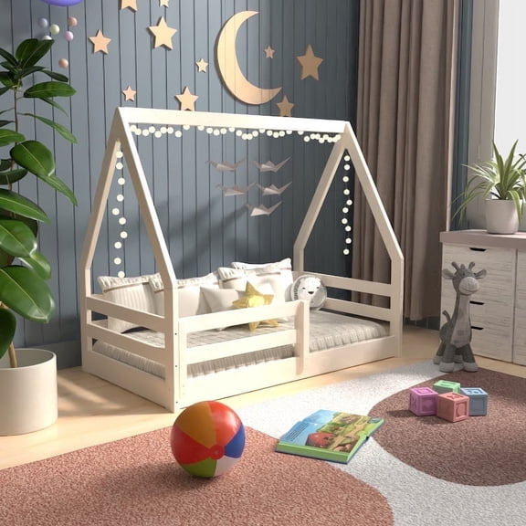 Toddler Floor Bed, Montessori House Frame Canopy Bed, Solid Pine, White, Fits 52x28 Mattress