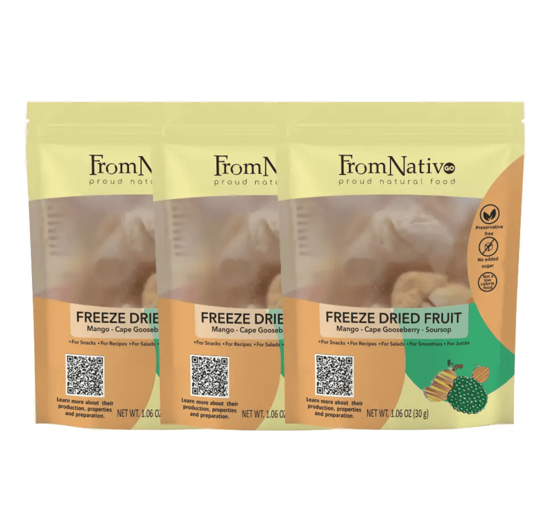 FromNativoGo| Freeze Dried Fruit: Mango, CapeGooseberry, Soursop | 3Pack | 3.05 Oz E