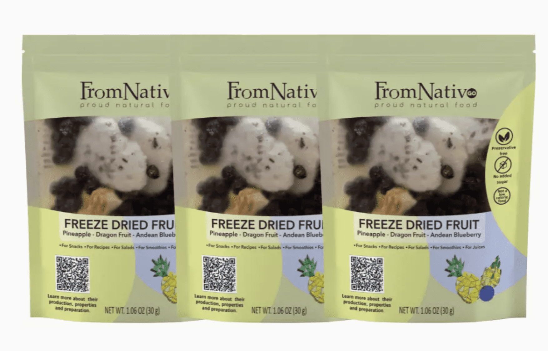 FromNativoGo | Freeze Dried Fruit Snack: Pineapple, DragonFruit, Andean Blueberry | 3Pack | 3.05OzE
