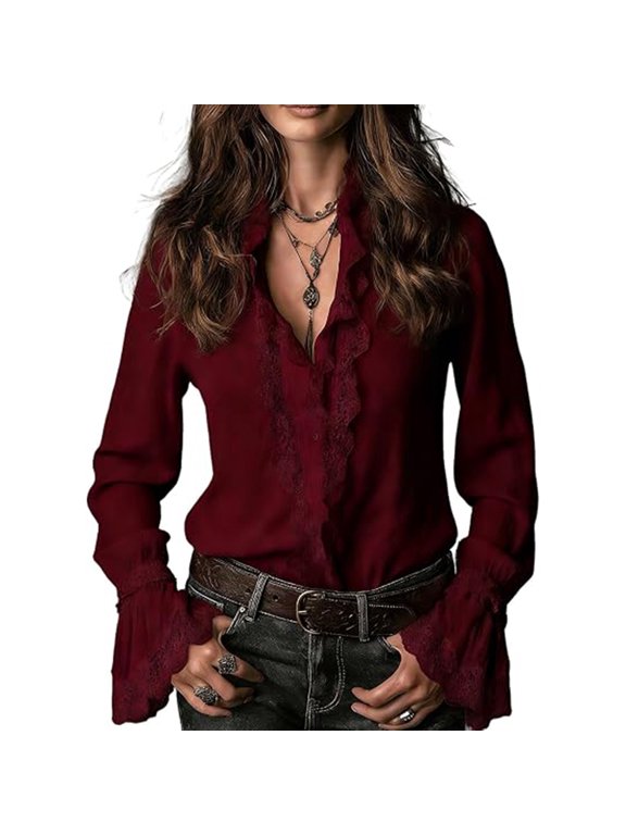 Womens Button Down Shirts Long Sleeve Lace Trim Ruffle Top Elegant Collared Going Out Vintage Blouse